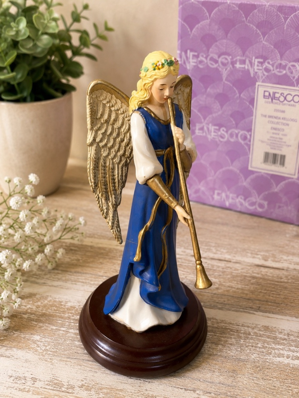 Box Inc. Vintage 1994 Enesco Angel Figurine with Trumpet Long Horn